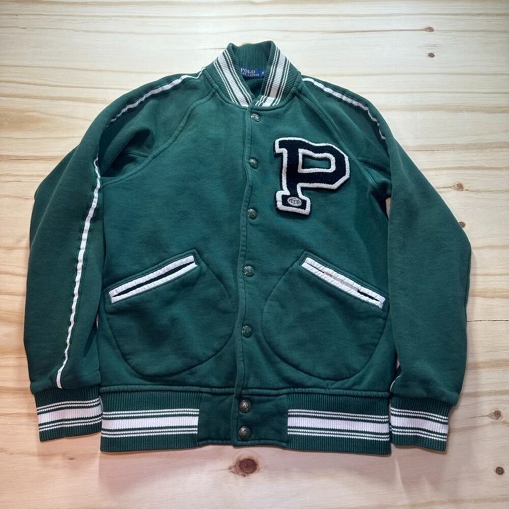 Polo Ralph Lauren Jacket Mens Small Green Varsity Football Bulldog Fleece Snap
